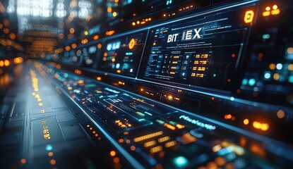 Fototapeta premium data center screens displaying various icons representing cybersecurity, technology, and blockchain with light effects. 