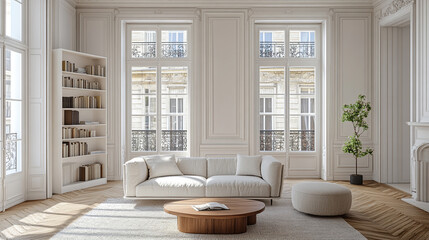 Bright and airy modern living room with minimalist decor and large windows showcasing classic architecture in daytime setting