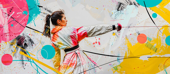 A young woman practicing fencing in a colorful urban art background, modern training facility, fusion of sport and creativity banner