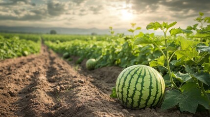 A ripe watermelon growing in a field, with other watermelons in the background, at sunset.