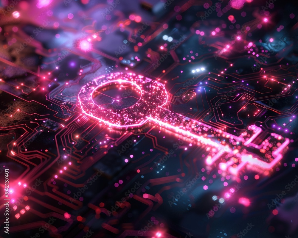Poster technology background of shimmering neon particles arranging into a digital key, surrounded by circu