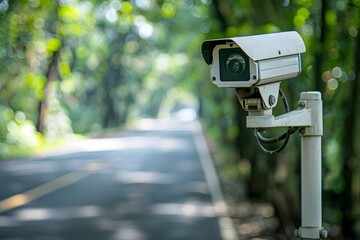 Surveillance Camera Monitoring a Quiet Road Surrounded by Lush Greenery