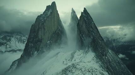   A towering peak stands majestically amidst a hazy atmosphere, its stature amplified by the dense fog