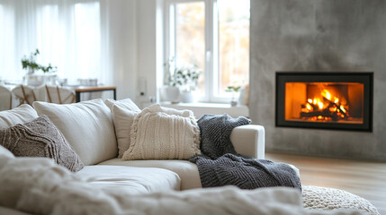 Fototapeta premium Cozy living room with a fireplace, soft textiles, and natural light creating a warm atmosphere in a modern home