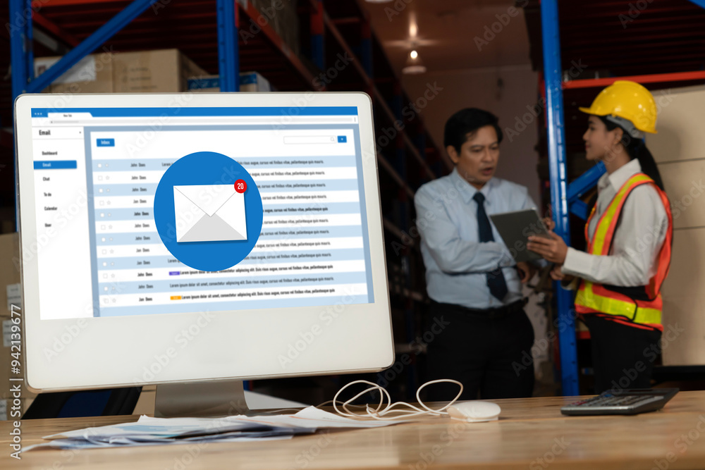 Poster email notification message showing on computer screen snugly. digital marketing message information 