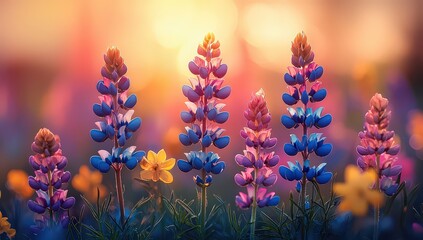 A beautiful garden of wildflowers, bathed in the soft glow of sunset, with vibrant colors and delicate petals. 