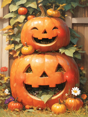 A stack of pumpkins in autumn foliage. Halloween concept.