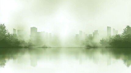 Obraz premium A vast expanse of water features lush foliage in the foreground and an urban landscape in the backdrop, shrouded in mist