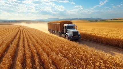 Obraz premium Truck Driving Through a Field of Wheat