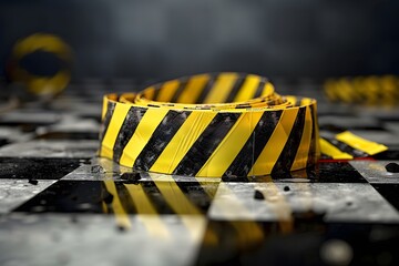 Caution Tape on a Checkered Floor: A Striking Visual of Safety and Danger