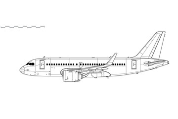 Airbus A319 NEO. Vector drawing of short-range, passenger jet airliner. Side view. Image for illustration and infographics