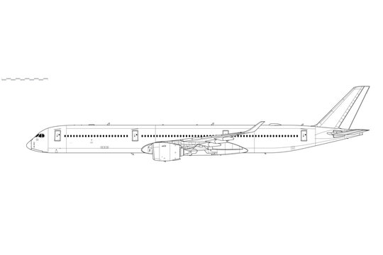 Airbus A350-1000. Vector drawing of long-range, passenger jet airliner. Side view. Image for illustration and infographics.