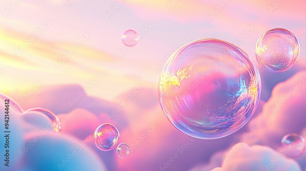 Poster a cluster of foam balls drifting in the sky with a rosy and azure backdrop and white puffs in the fr