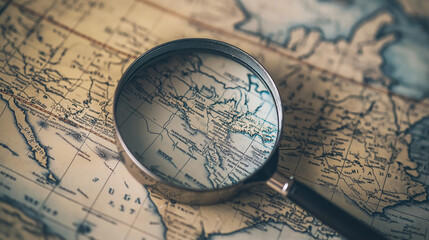Vintage map under magnifying glass with focus on a specific region. Exploration and geography concept with historical map details