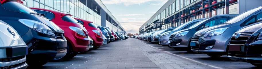 Fototapeta premium The modern parking lot displays a symmetrical layout with parked cars neatly lined up, showcasing contemporary architecture. The wideangle view captures the orderly arrangement of vehicles