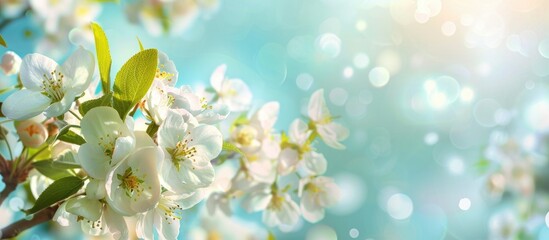 Fototapeta premium White Blossom Apple Tree In Blue Sky Spring Background With Space For Advertising And Text Apple Tree Blossom On May Spring Background Spring Card