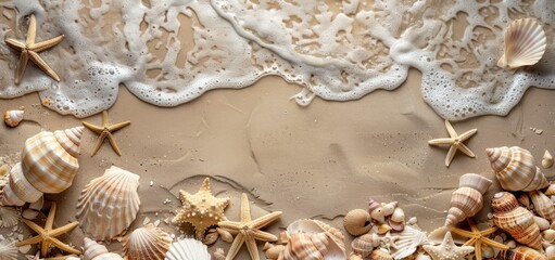Seashells and Starfish on Sandy Beach