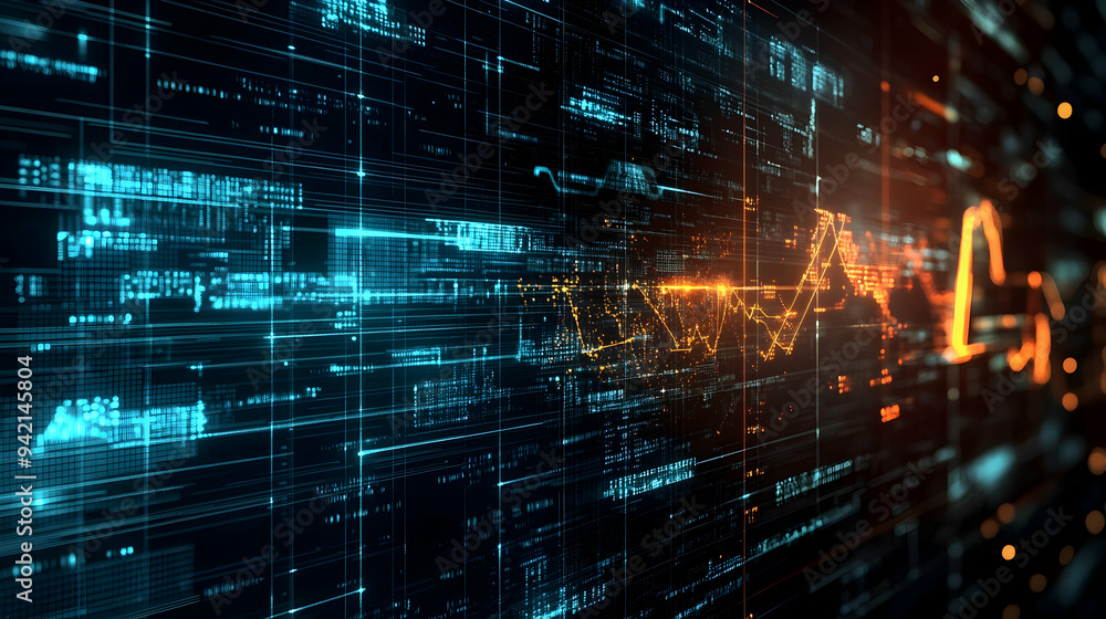 Poster image of finacial data processing with mathematical equation on black background illustration