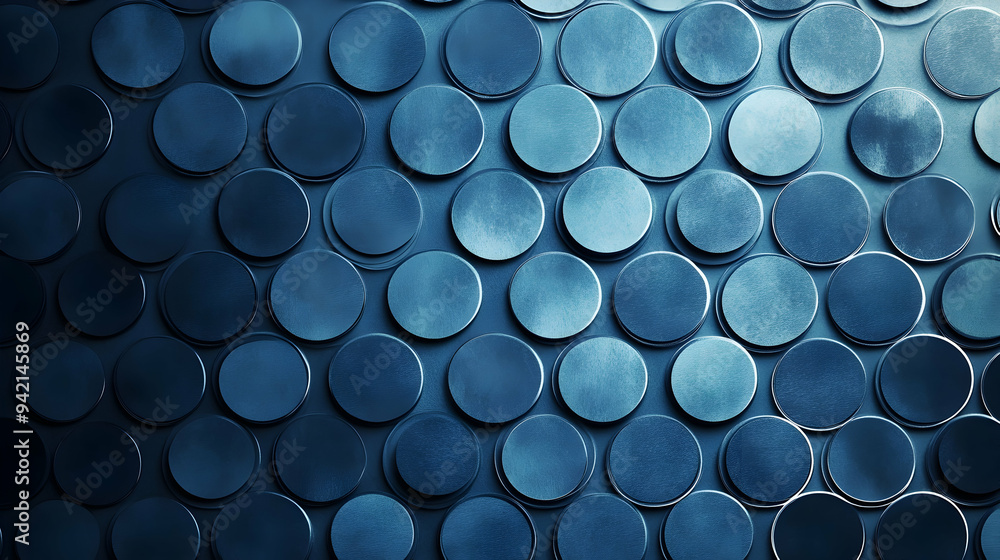 Poster an image of a pattern of grey circles pulsating on a blue background.