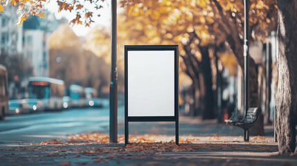 Empty advertising billboard on a city street during autumn with fallen leaves and soft focus background. The urban scene is highlighted by warm tones and a serene atmosphere
