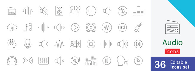Audio simple stroke icon symbols collection. containing earphones, speakers, record player , radio, mixer, microphone and more thin icons