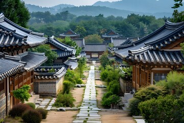 Serene Pathway Through Traditional Korean Hanok Village Surrounded by Lush Nature