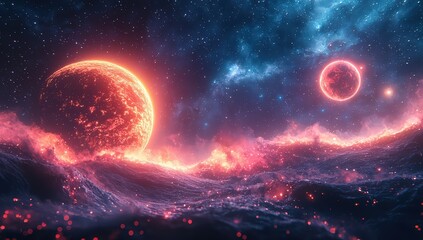 A cosmic scene with planets and stars, rendered in an abstract style using glowing neon lines on a dark background. 