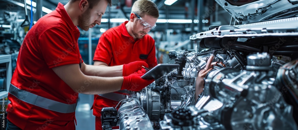 Poster Two engineers in red uniforms using digital tablet to inspect a vehicle engine in a high-tech automotive facility. Focus on precision, technology, and teamwork in modern manufacturing.