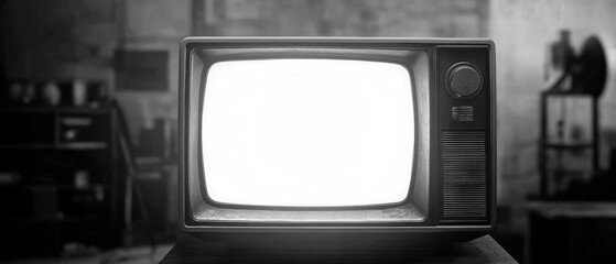 A vintage TV set with a glowing empty screen in the foreground of a dimly lit room. The retro TV is the focal point, contrasting with the blurred, atmospheric nostalgic home setting. Generative AI