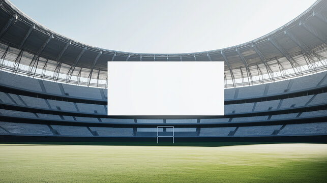 Empty sports stadium with a large blank billboard at the center, surrounded by rows of seats and green grass on the field. The image highlights the expansive space and modern architectural design