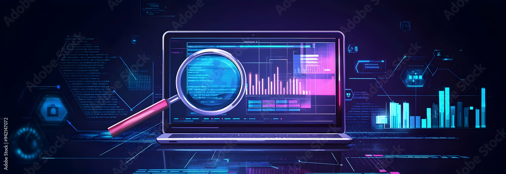 Poster infographic charts analysis of corporate laptop antivirus or phishing malware attach detection and c