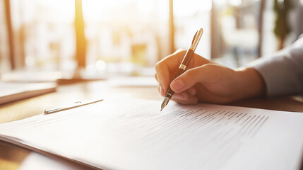 Closeup of hand signing document with pen in bright office symbolizing legal or business agreement being formalized