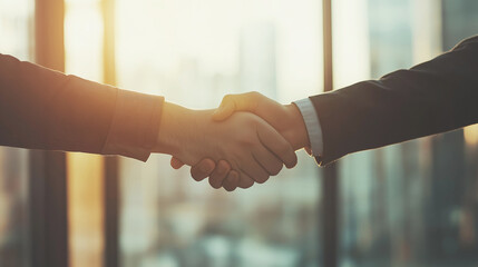 Two people shaking hands in a sunlit office, symbolizing a business agreement or partnership