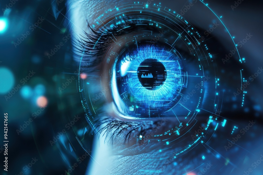 Poster futuristic eye with digital elements and data visuals symbolizing technology and innovation concepts