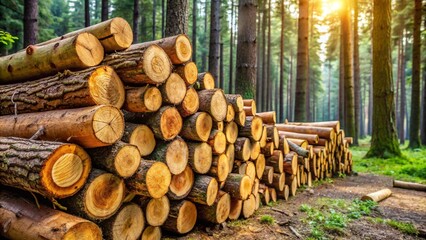 Freshly Cut Logs Stacked in Forest, Natural Wood Pile in Outdoor Setting.