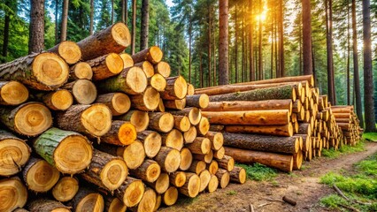 Freshly Cut Logs Stacked in Forest, Natural Wood Pile in Outdoor Setting.