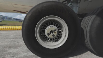 Airline undercarriage with wheel and tire, representing travel, industry, reliability, and engineering