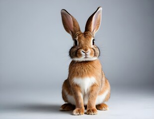 Obraz premium Curious rabbit sitting upright on a wooden surface against a soft beige background in indoor setting
