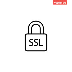 Black SSL lock line icon, simple digital secured cyber security flat design pictogram vector for app ads web banner button ui ux interface elements isolated on white background