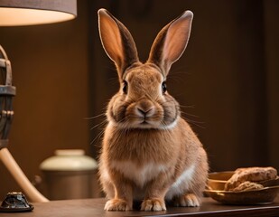 Curious rabbit sitting upright on a wooden surface against a soft beige background in indoor setting