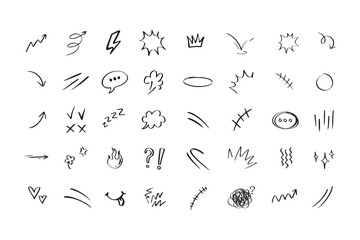 Doodle hand drawn cute cartoon expression sign. Line curve arrows, emoticon elements, symbols