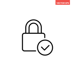 Black round filled lock approved line icon, simple safe password protection flat design concept vector for app ads web banner button ui ux interface elements isolated on white background