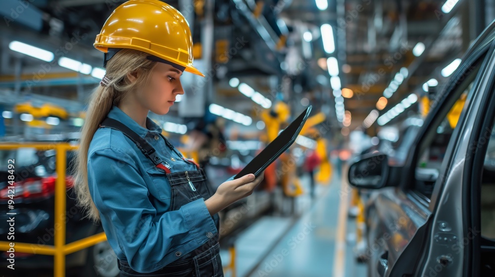 Poster Focused female engineer wearing a hard hat and overalls inspects car on assembly line in modern factory, using digital tablet for data assessment, emphasizing automation and quality control.