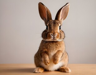 Fototapeta premium Curious rabbit sitting upright on a wooden surface against a soft beige background in indoor setting