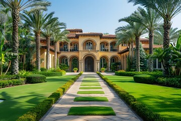 Obraz premium Luxurious Mediterranean-Style Mansion Surrounded by Lush Landscaping