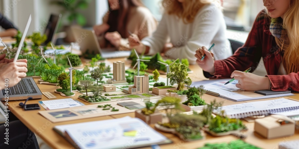 Poster in a contemporary office setting, a team collaborates on an urban gardening project using ecofriendl