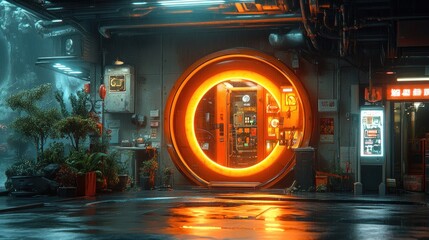 Futuristic Cityscape with Glowing Portal