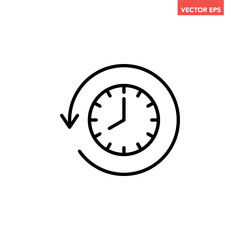 Black go back time on clock line con, simple round past time flat design vector pictogram, infographic vector for app logo web website button ui ux interface elements isolated on white background