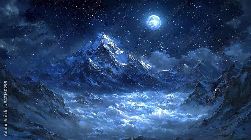 Canvas Prints   A majestic mountain range under a full moon, with clouds in both the foreground and background