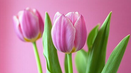   Three pink tulips in a pink vase on a green surface against a pink background